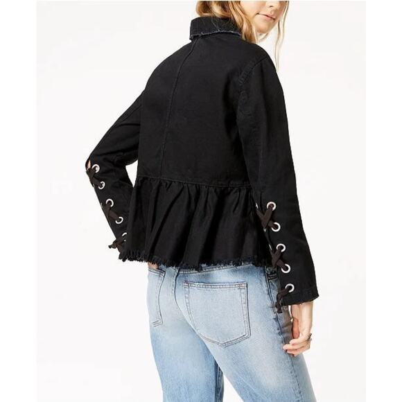 Free People Black Denim Peplum Jacket S Lace-Up Sleeve Boho Festival Grunge y2K - Picture 2 of 10